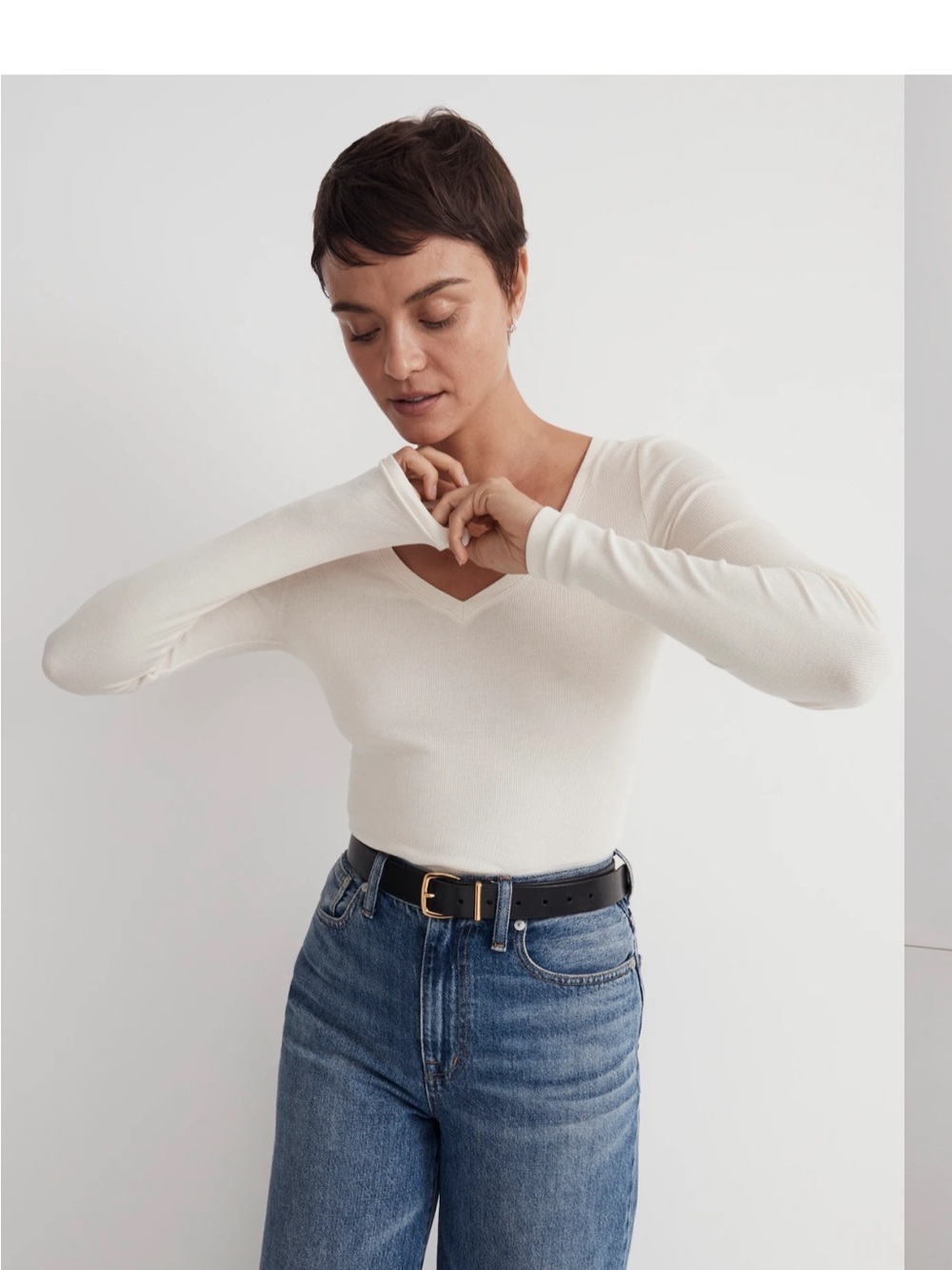 NEW Madewell Brightside Finerib V-Neck Long-Sleeve Tee small